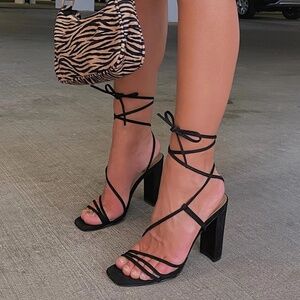 Billini Viva Strappy Square Toe Black Tie Heels